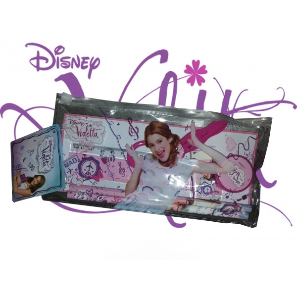 Astuccio Disney Violetta contenente 2 matite,temperino,gomma,forbice,righello 15cm, e blocchetto seligrafato